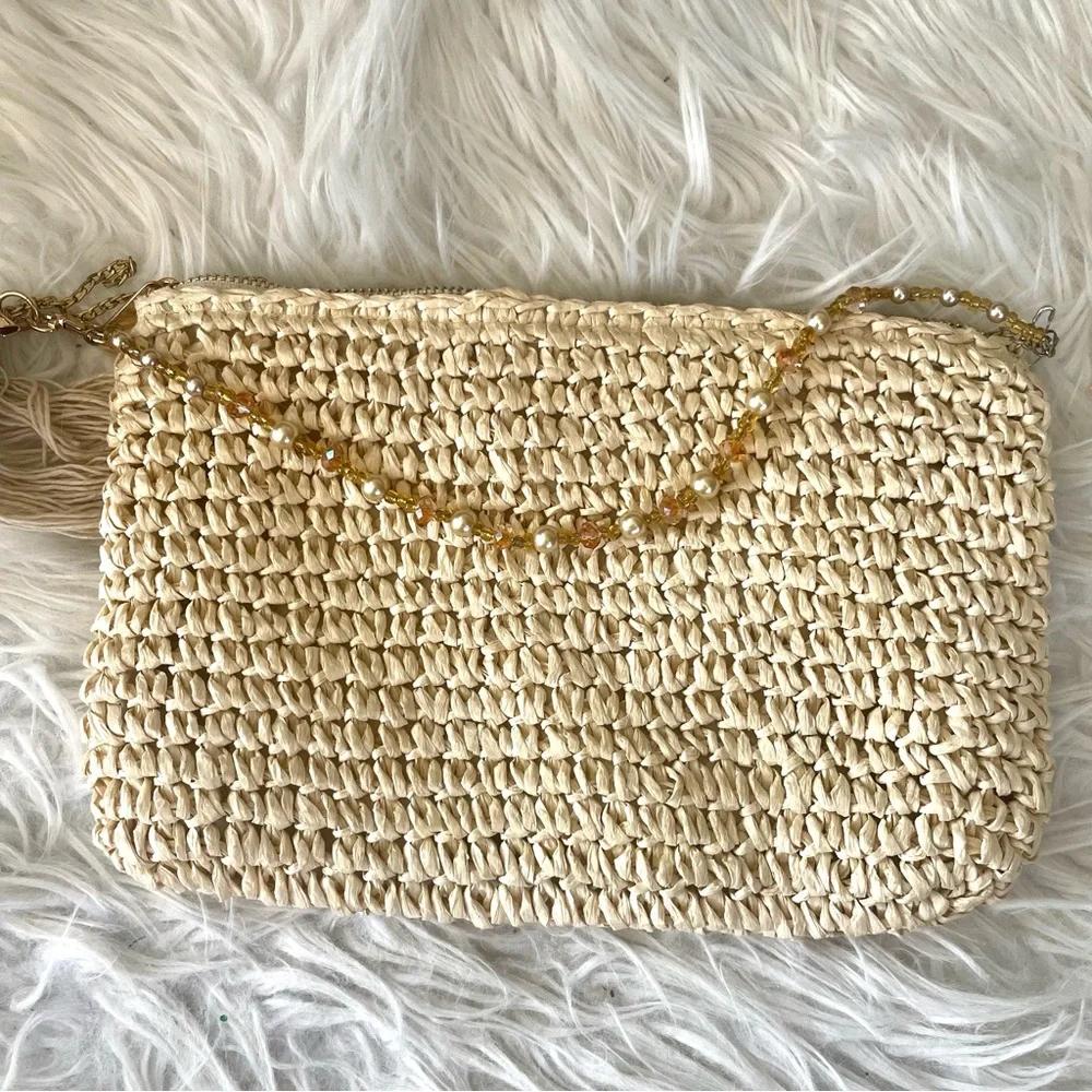 a new day Natural Straw Crochet Clutch with Shell Accents